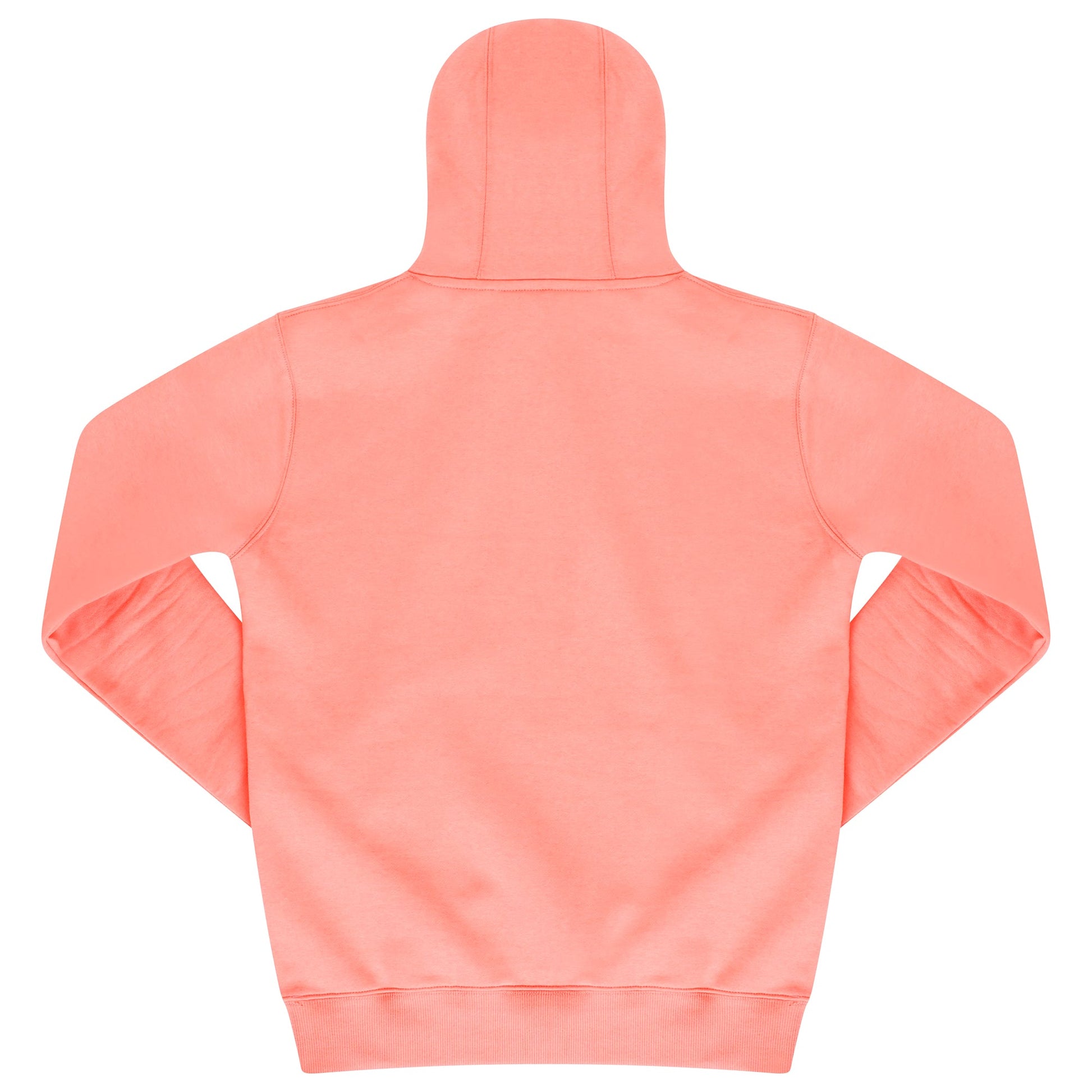 Back view of basic coral women’s hoodie showing relaxed fit and classic hood. 