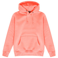 Basic coral hoodie for women with adjustable drawstrings and a kangaroo pocket laid flat on a white background. 