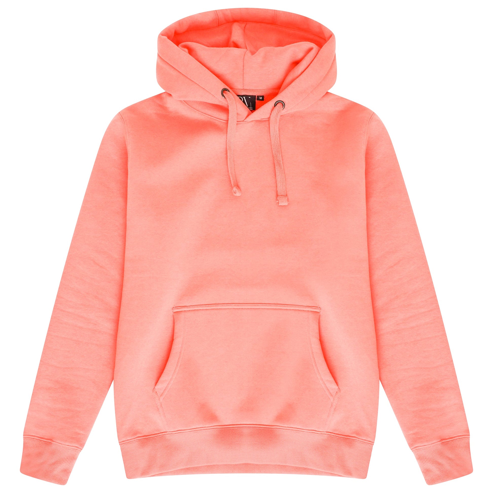 Basic coral hoodie for women with adjustable drawstrings and a kangaroo pocket laid flat on a white background. 