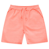 Basic coral shorts for women with an elastic waistband and a drawstring laid flat. 
