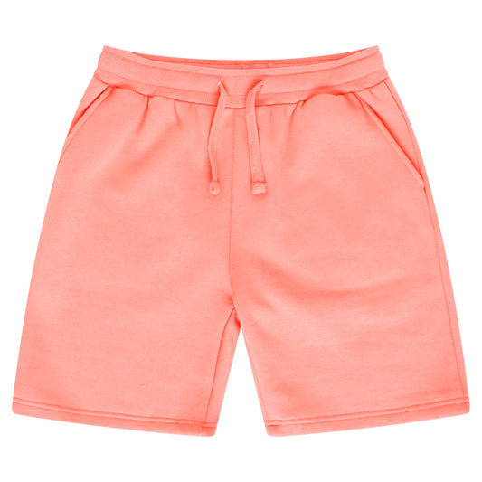 Basic coral shorts for women with an elastic waistband and a drawstring laid flat. 