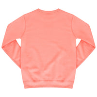 Back view of coral sweatshirt displaying relaxed fit and long sleeves.