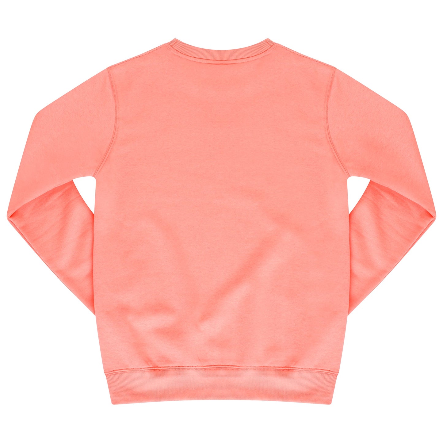 Back view of coral sweatshirt displaying relaxed fit and long sleeves.
