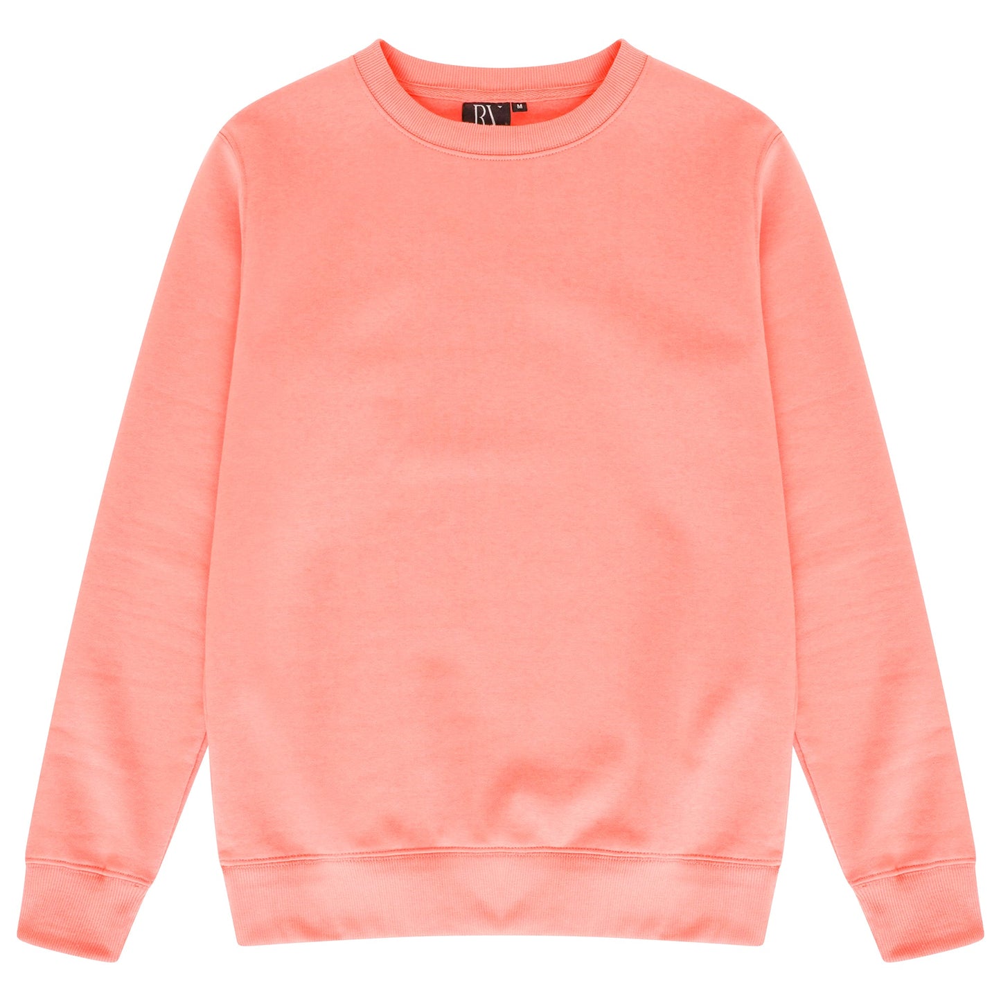 Basic coral sweatshirt for women laid flat, showing round neckline and ribbed trims.