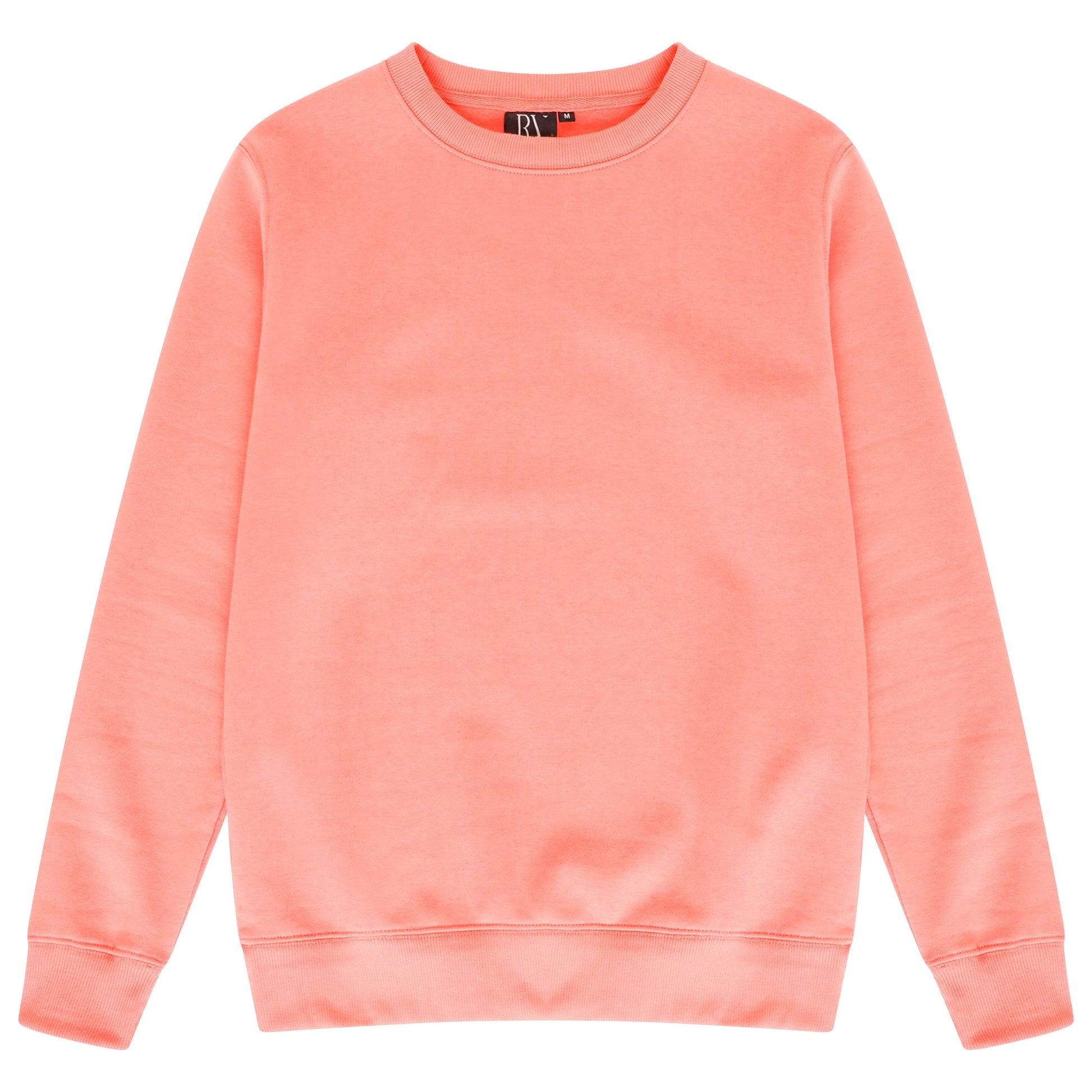 Basic coral sweatshirt for women laid flat, showing round neckline and ribbed trims.