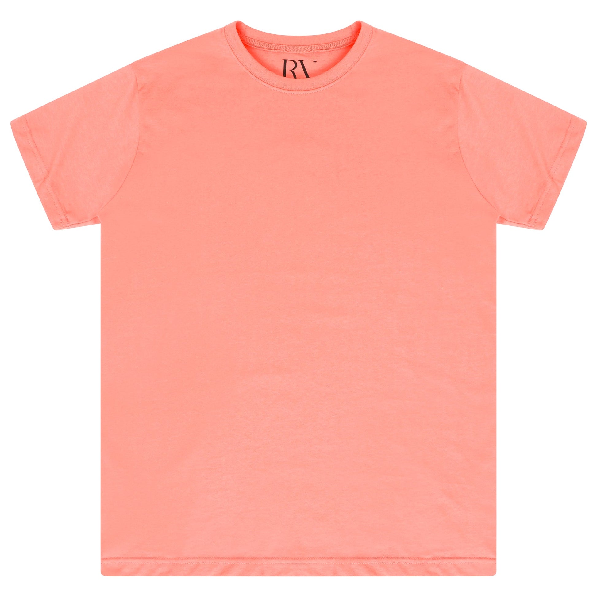 Basic coral cotton t-shirt for women, laid flat, round neckline visible. 