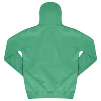 Back view of green basic hoodie showing ribbed hem and relaxed fit. 