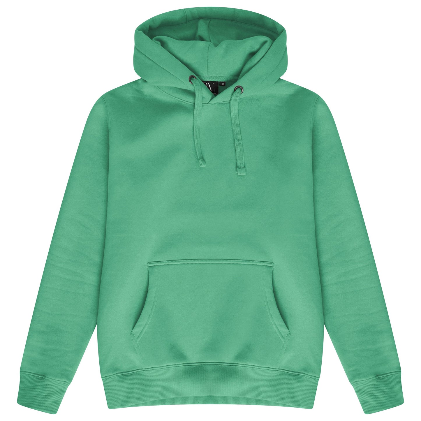Basic green hoodie for women with adjustable drawstrings and a kangaroo pocket laid flat. 