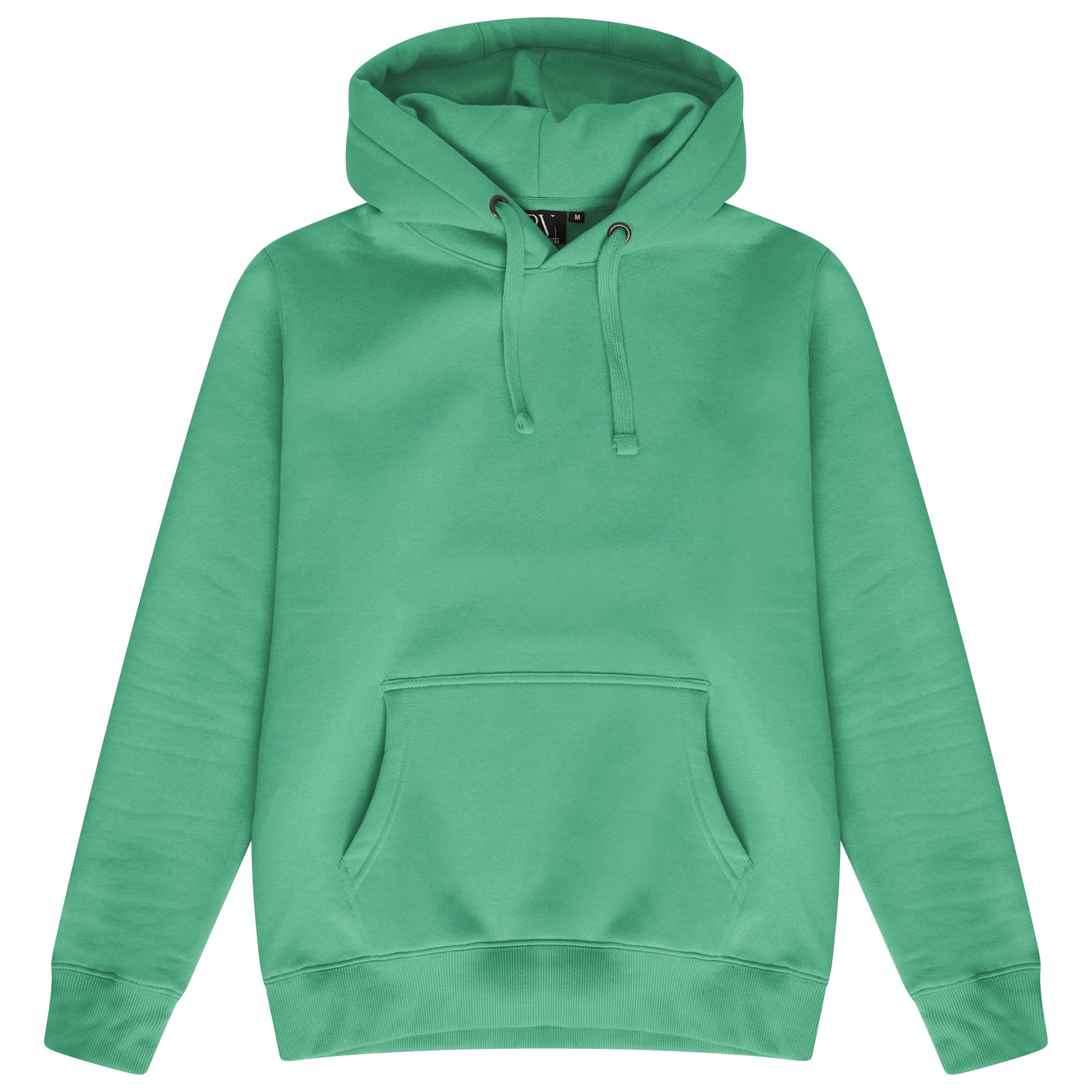 Basic green hoodie for women with adjustable drawstrings and a kangaroo pocket laid flat. 