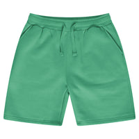 Basic green shorts for men with an elastic waistband and a drawstring laid flat. 