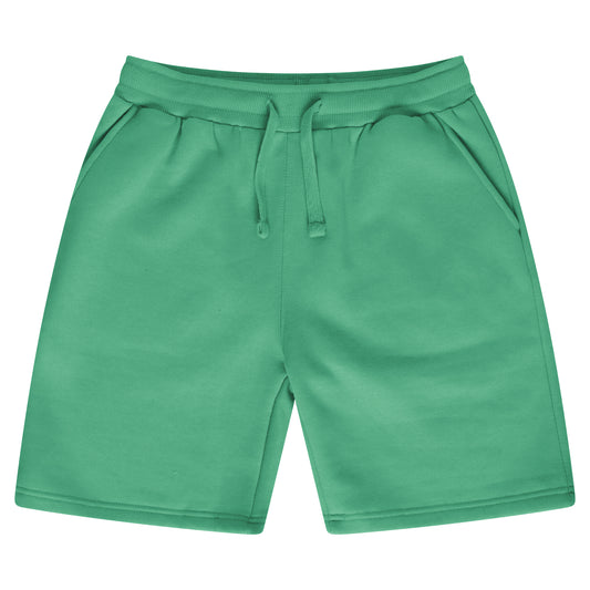 Basic green shorts for men with an elastic waistband and a drawstring laid flat. 