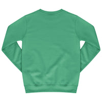 Back view of green sweatshirt showing classic fit and long sleeves. 