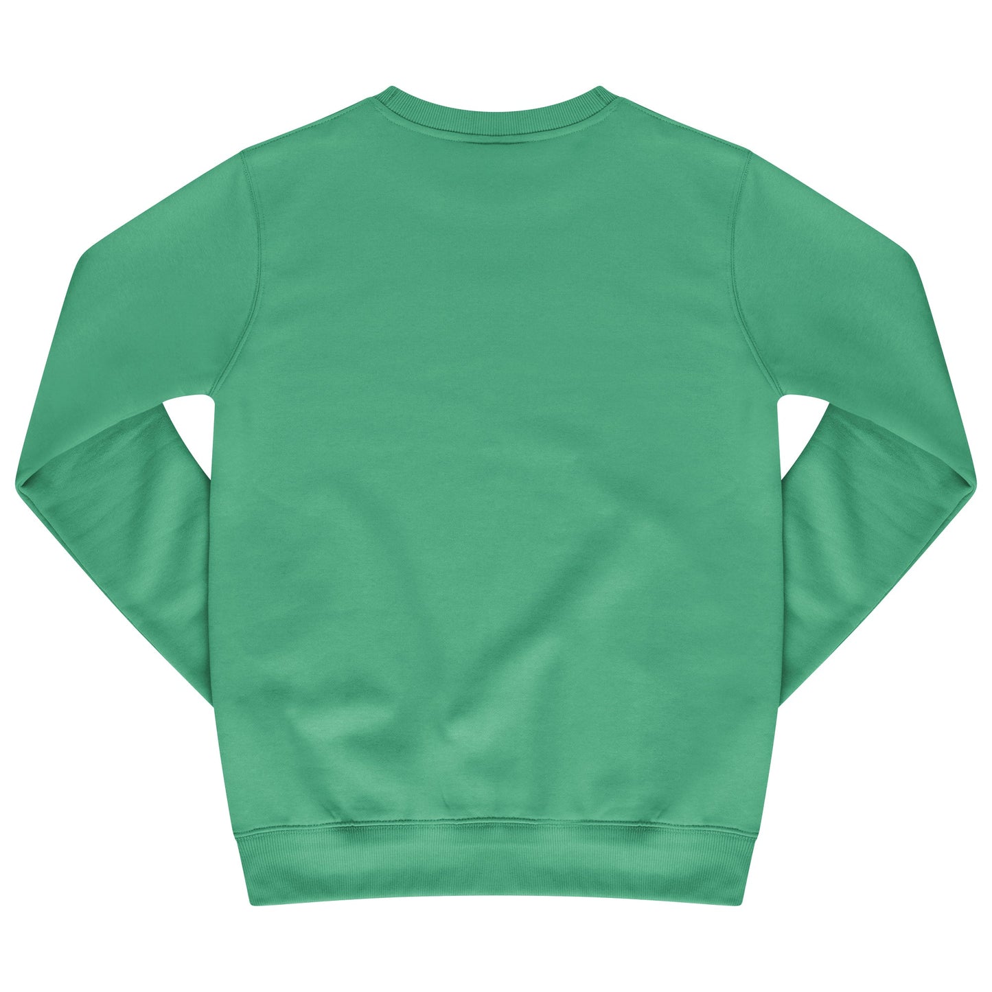 Back view of green sweatshirt showing classic fit and long sleeves. 