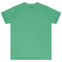 Back view of a women’s green basic t-shirt showing classic fit. 