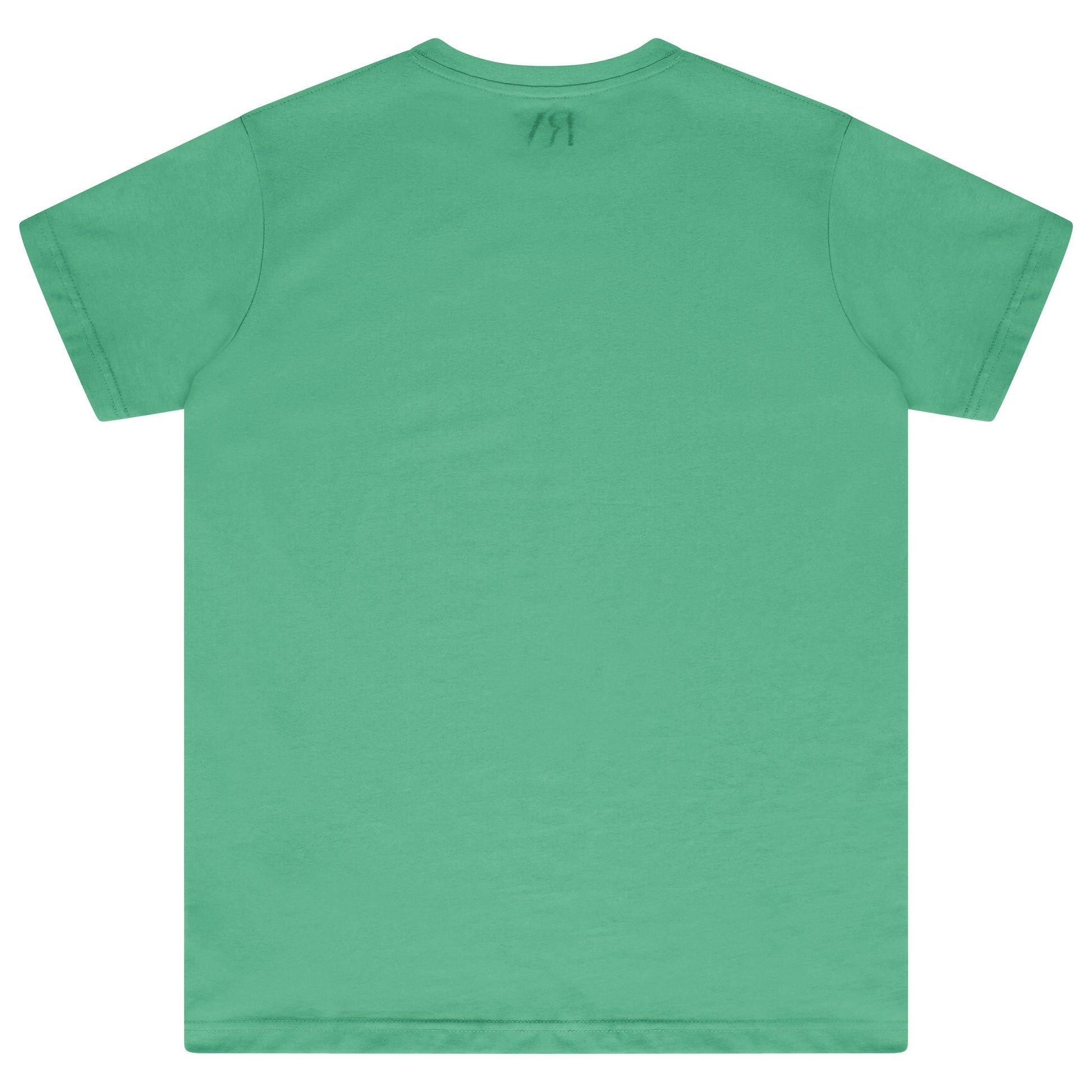 Back view of a women’s green basic t-shirt showing classic fit. 