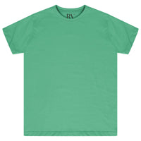 Basic green cotton t-shirt for women, laid flat, round neckline visible. 