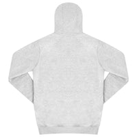 Back view of grey cotton-blend hoodie showing classic fit and ribbed hem. 