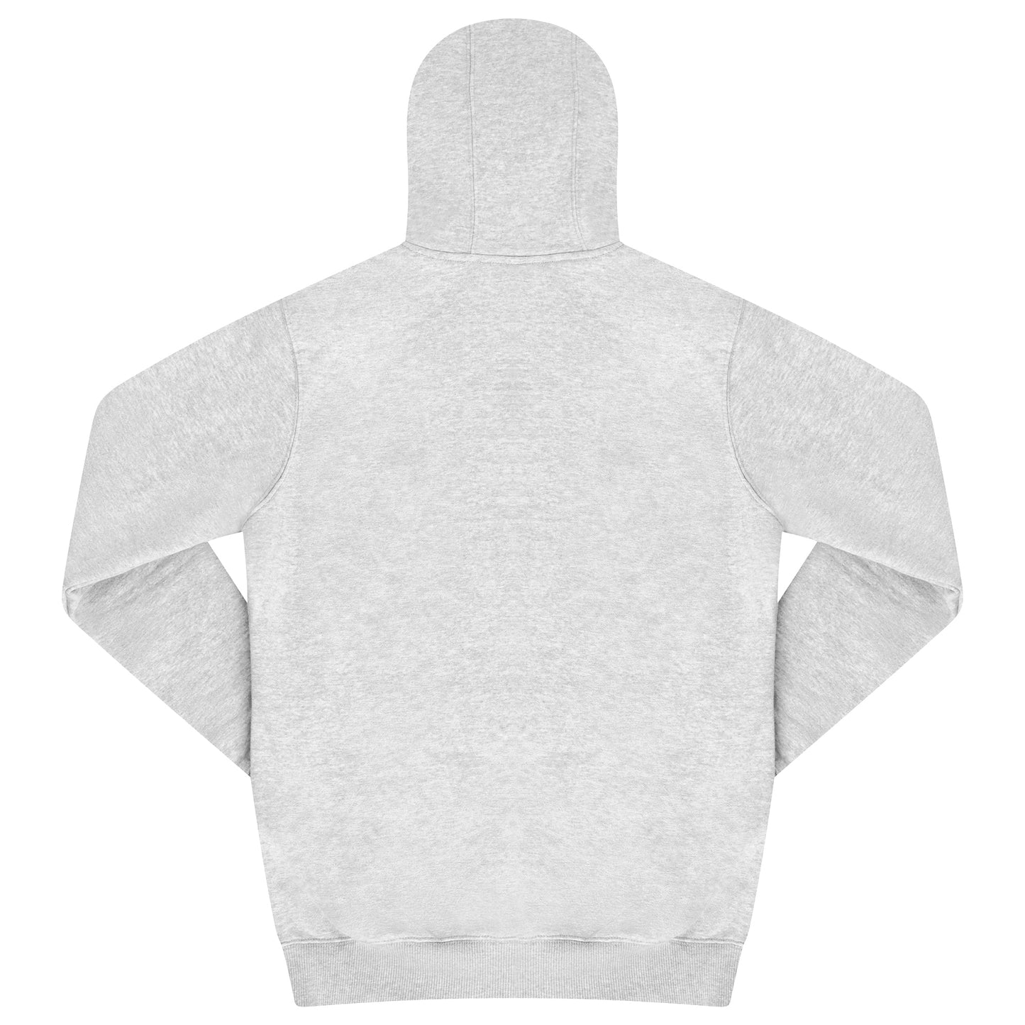 Back view of grey cotton-blend hoodie showing classic fit and ribbed hem. 