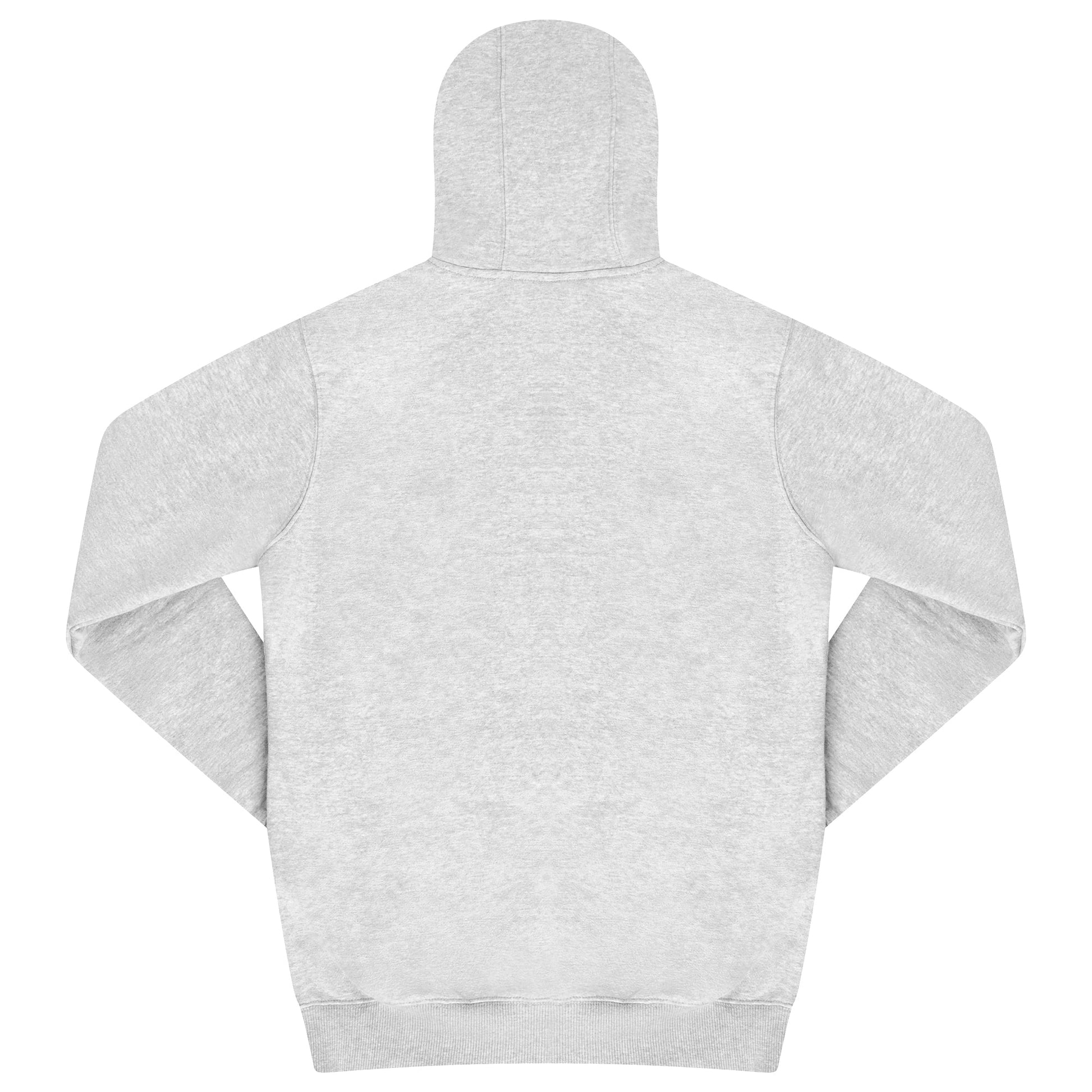 Back view of grey cotton-blend hoodie showing classic fit and ribbed hem. 