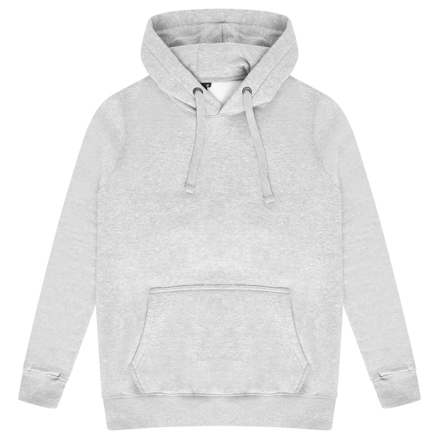 Basic grey hoodie for women with adjustable drawstrings and a kangaroo pocket laid flat. 