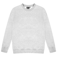 Basic grey sweatshirt for women laid flat with round neckline and ribbed trims. 