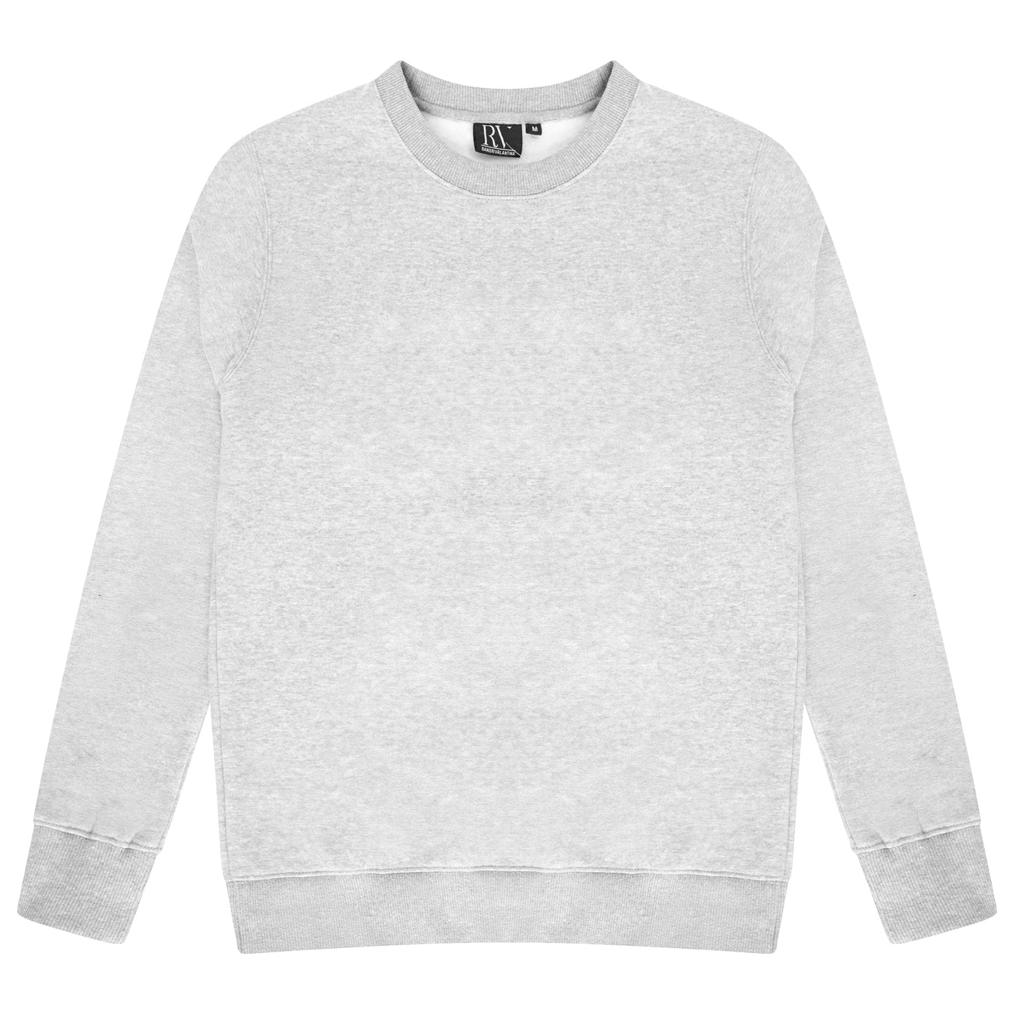 Basic grey sweatshirt for women laid flat with round neckline and ribbed trims. 