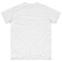 Back view of a grey women’s t-shirt showing classic fit. 