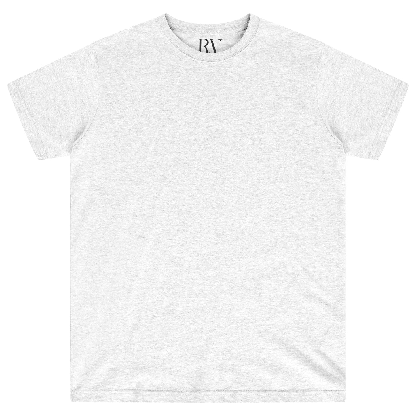 Basic grey cotton t-shirt for women, laid flat, round neckline visible. 