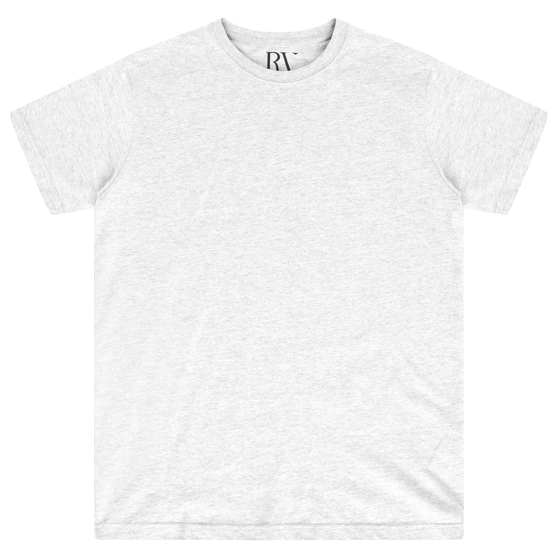 Basic grey cotton t-shirt for women, laid flat, round neckline visible. 