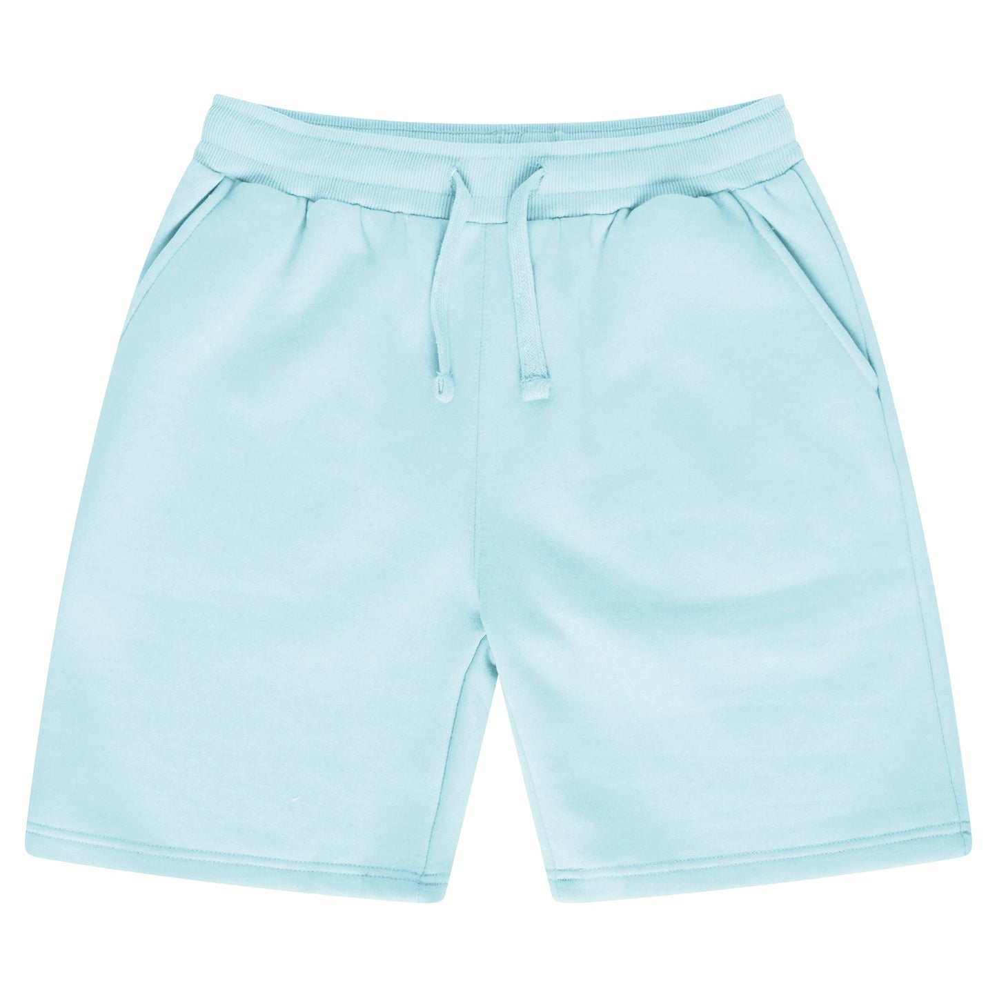 Basic turquoise shorts for women with an elastic waistband and a drawstring laid flat.
