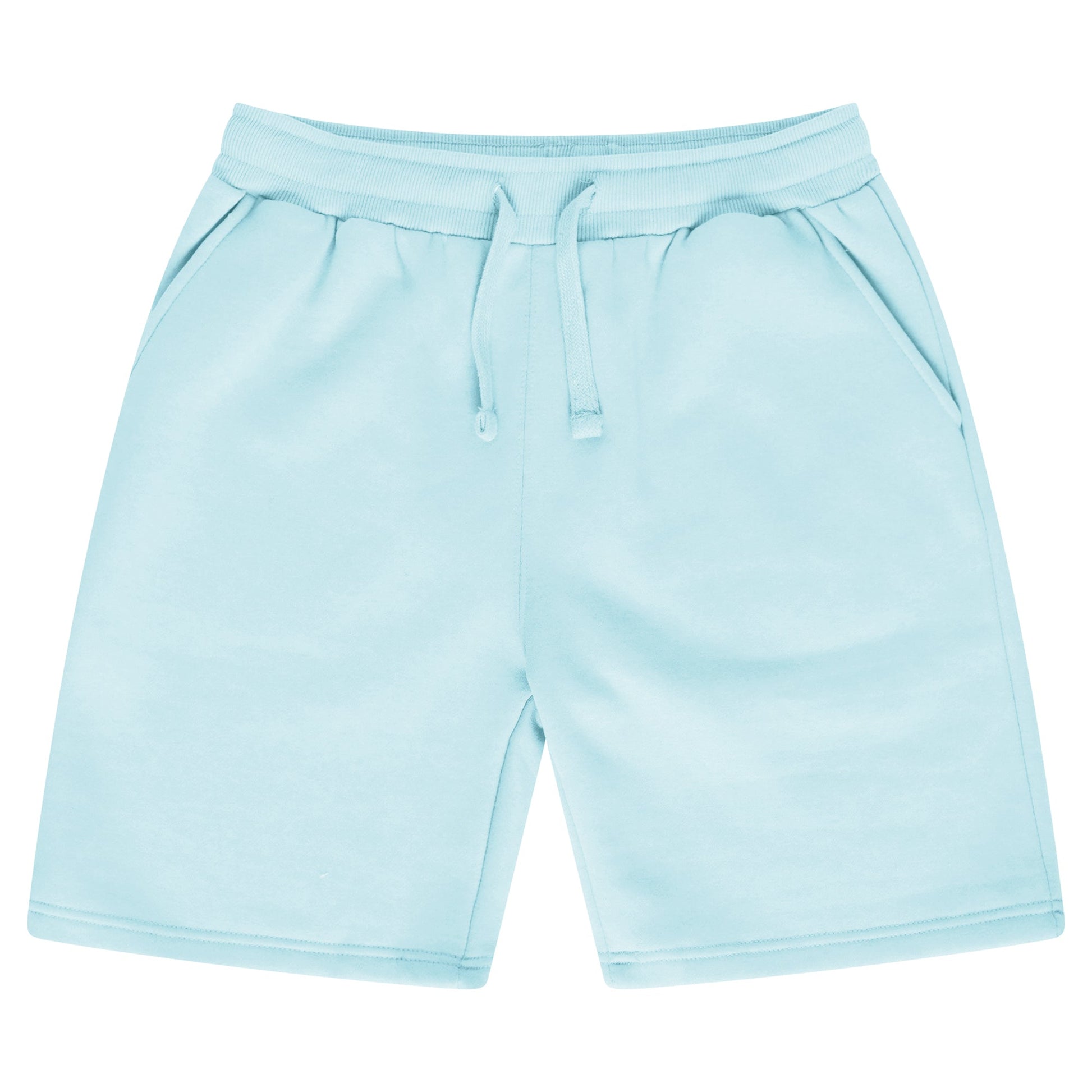 Basic turquoise shorts for women with an elastic waistband and a drawstring laid flat.