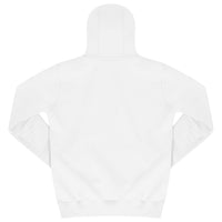 Back view of white cotton blend hoodie showing classic hood and relaxed fit. 