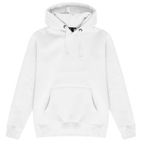Basic white hoodie for women with adjustable drawstrings and a kangaroo pocket.