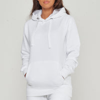 Side view of a woman in a basic white hoodie and shorts, showing relaxed streetwear style. 