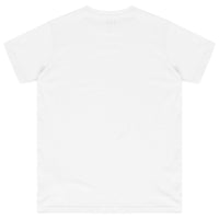 Back view of a basic white women’s t-shirt showing classic fit.