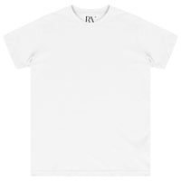 Basic white cotton t-shirt for a woman, laid flat, round neckline visible.
