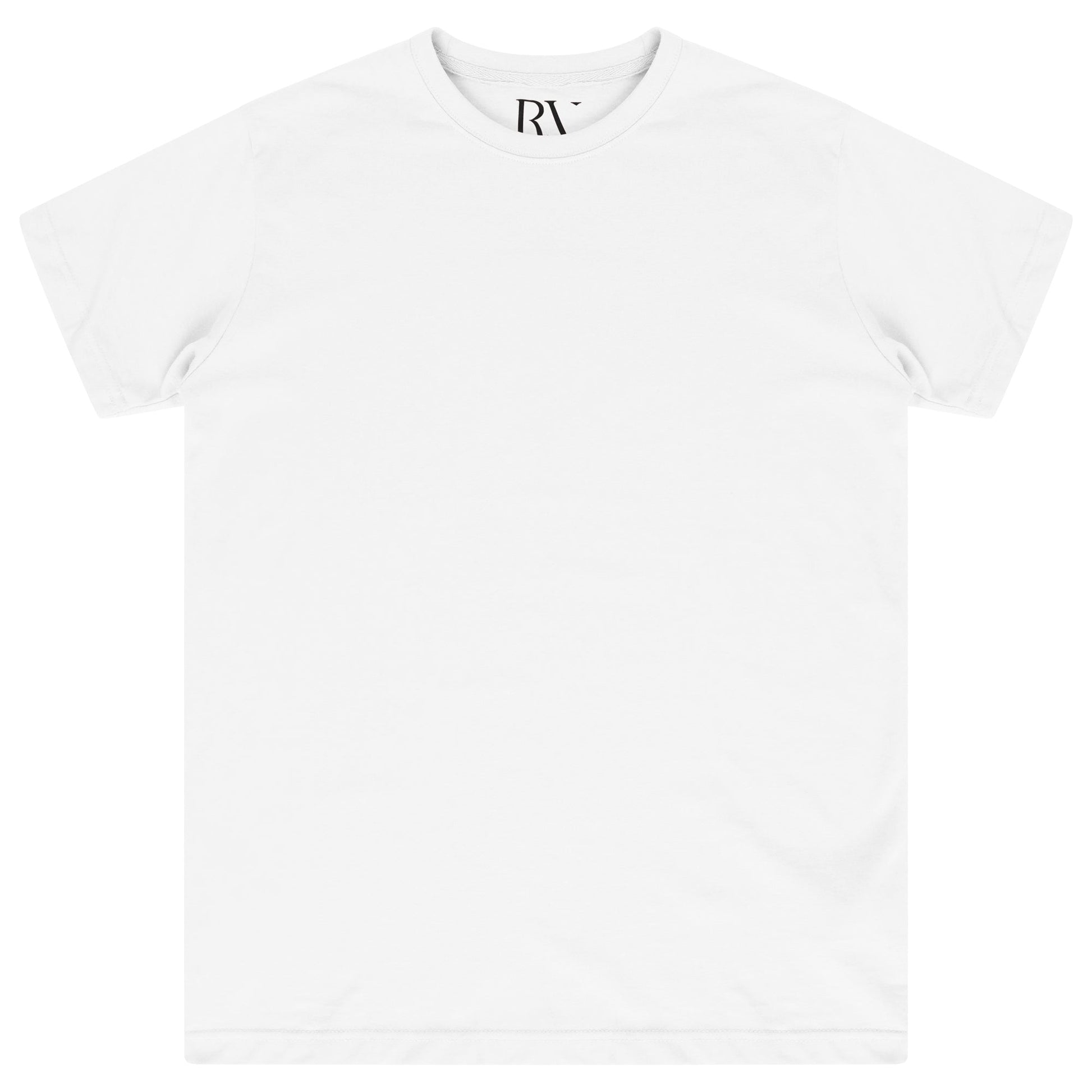 Basic white cotton t-shirt for a woman, laid flat, round neckline visible.