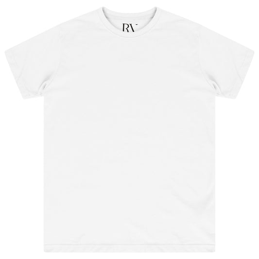 Basic white cotton t-shirt for a woman, laid flat, round neckline visible.