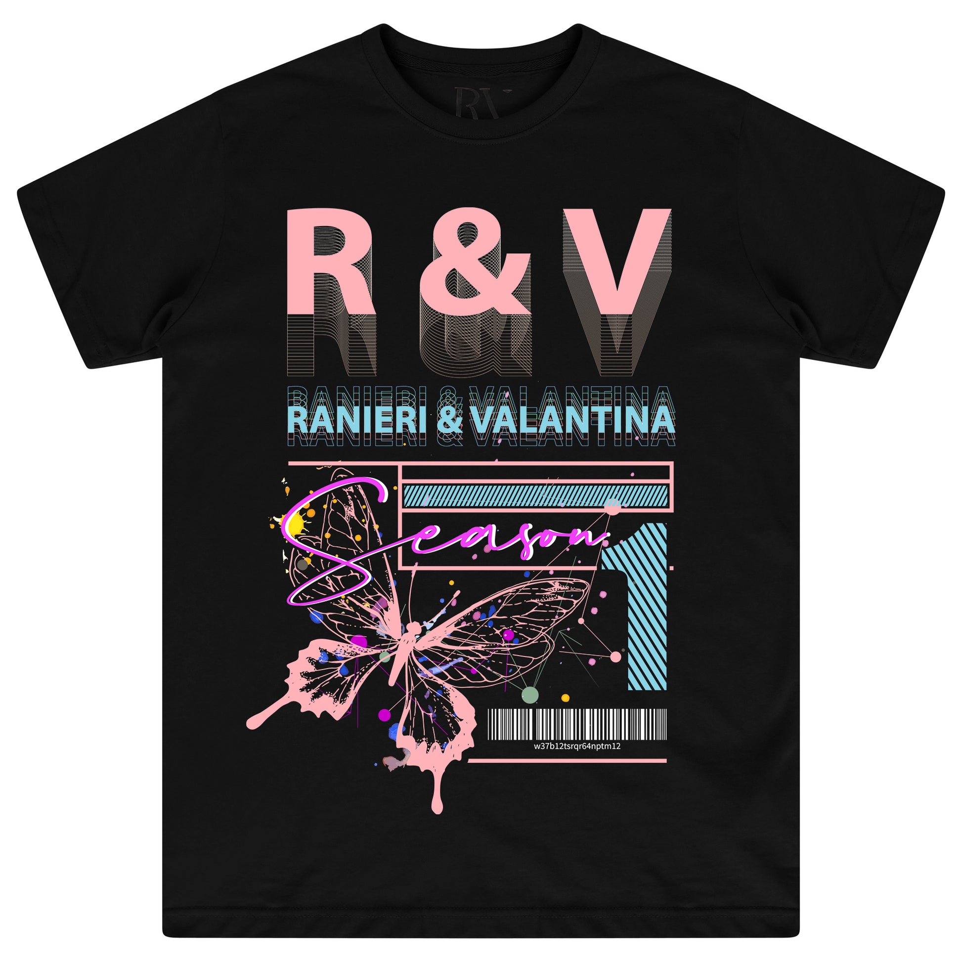 Woman wearing oversized pink Butterfly Season One graphic cotton t-shirt with round neckline.