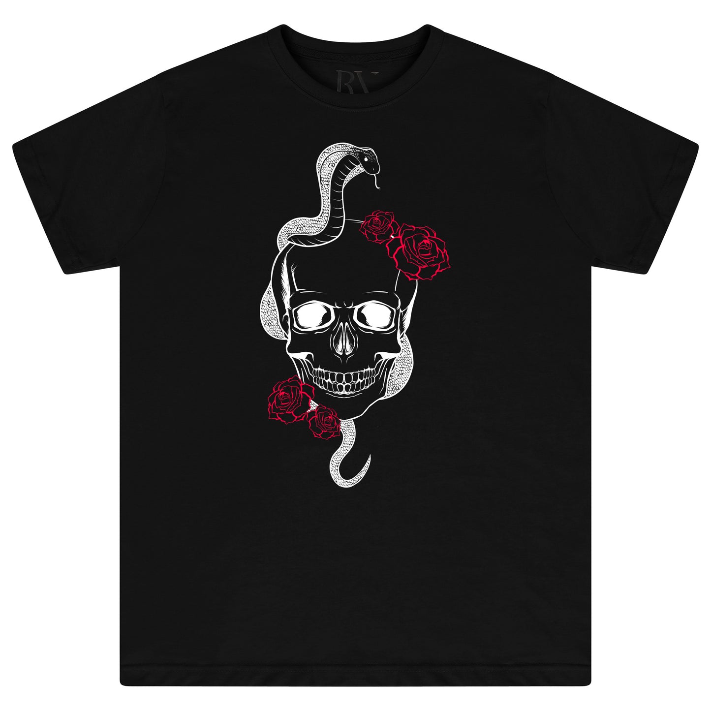 Front flat lay of men’s black Fatal T-shirt with bold skull and snake graphic print - regular fit.