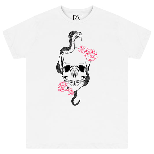 Front flat lay of men’s white Fatal T-shirt with bold skull and snake graphic print - regular fit.