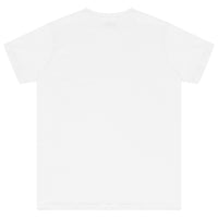 Laid-flat white oversized men’s T-shirt showing a clean back, classic round neckline, short sleeves, and relaxed oversized fit.