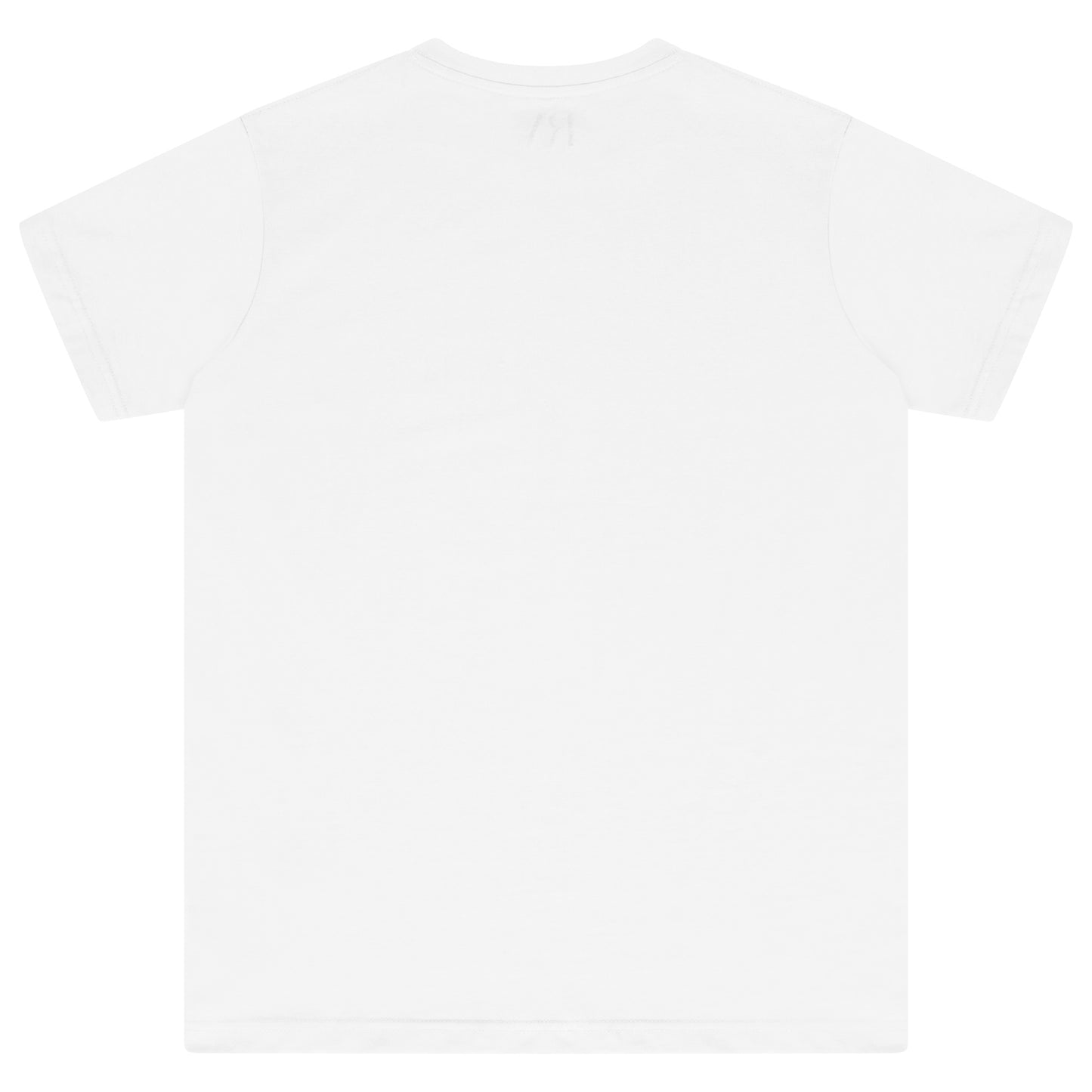 Laid-flat white oversized men’s T-shirt showing a clean back, classic round neckline, short sleeves, and relaxed oversized fit.