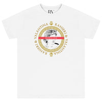 White oversized men’s T-shirt featuring a bold blue and white Greece Season One graphic printed centrally on the chest, classic round neckline, and short sleeves.