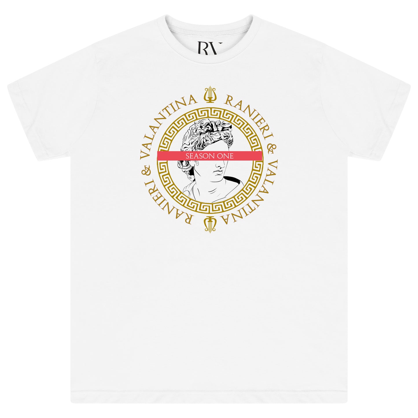 White oversized men’s T-shirt featuring a bold blue and white Greece Season One graphic printed centrally on the chest, classic round neckline, and short sleeves.