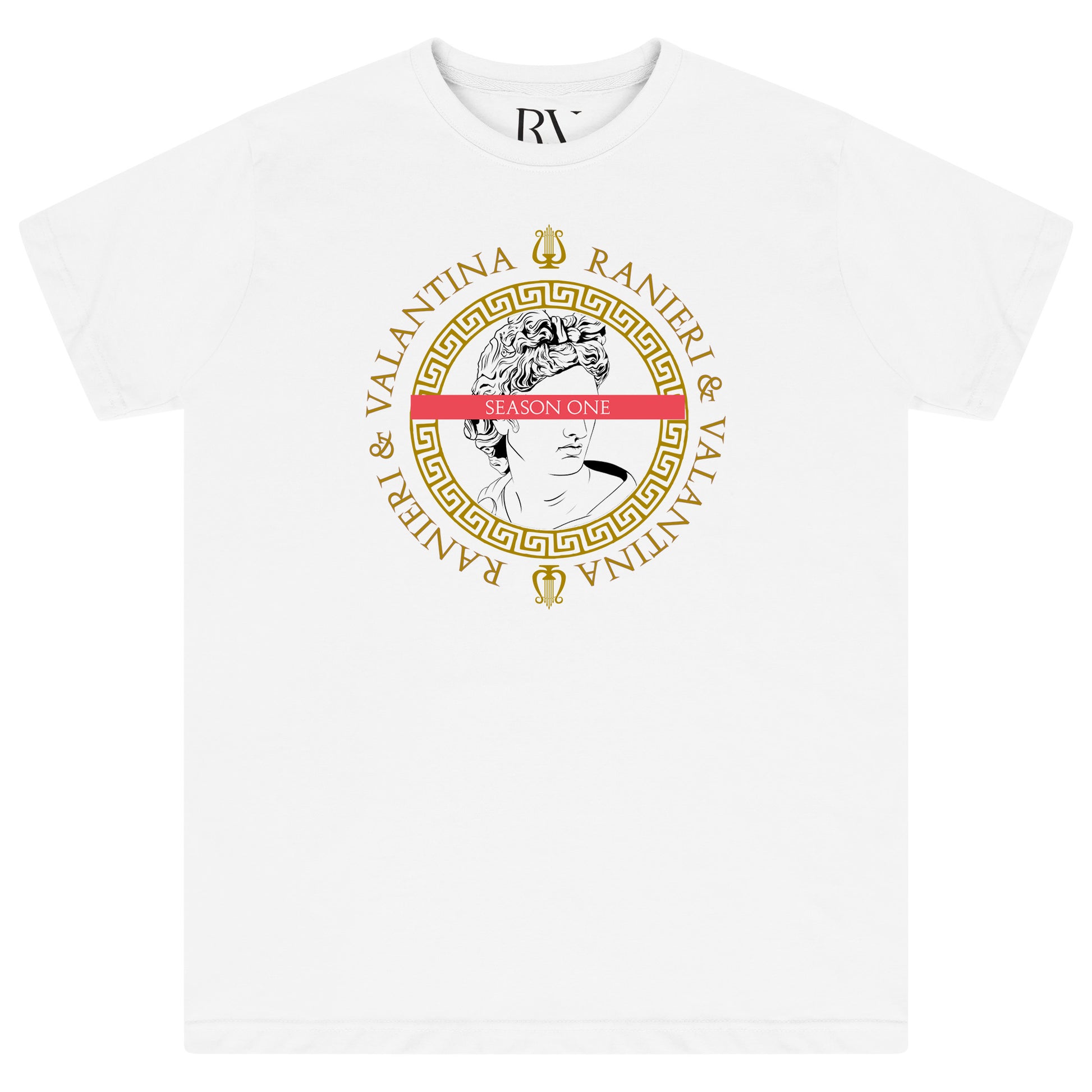 White oversized men’s T-shirt featuring a bold blue and white Greece Season One graphic printed centrally on the chest, classic round neckline, and short sleeves.