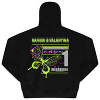 Back flat lay of men's black oversized hoodie featuring bold green butterfly and Ranieri & Valantina graphic – oversized fit.