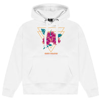 White oversized women’s hoodie featuring a large pink-and-red gumamela (hibiscus) flower graphic printed on the chest, adjustable drawstring hood, long sleeves, and ribbed cuffs and hem.