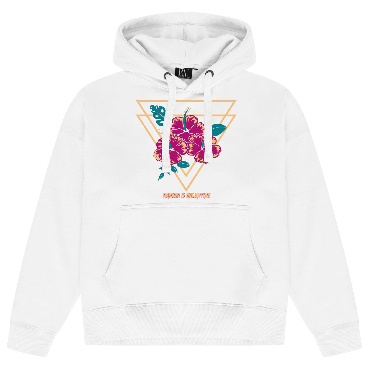White oversized women’s hoodie featuring a large pink-and-red gumamela (hibiscus) flower graphic printed on the chest, adjustable drawstring hood, long sleeves, and ribbed cuffs and hem.