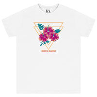 White oversized women’s T-shirt featuring a large pink-and-red gumamela (hibiscus) flower graphic printed on the chest, classic round neckline, and short sleeves.